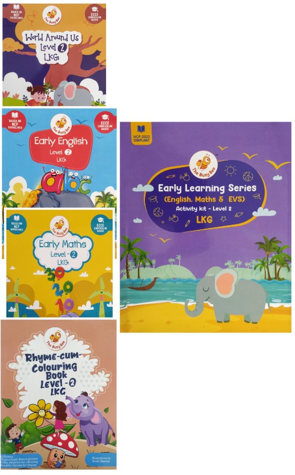Book Set Of The Busy Bee Early Learning Series (English, Maths & EVS) | Activity Kit - Level 2 | LKG || Rhyme-Cum-Colouring Book | World Around Us | Early English| Early Maths (Level -2)